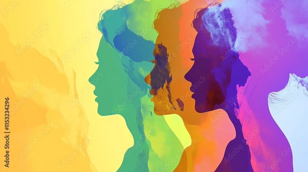 Side Profiles Layered in Colorful Fragments, Green to Yellow Tones Shifting to Orange and Purple Side Profiles Layered in Colorful Fragments, Green to Yellow Tones Shifting to Orange and Purple