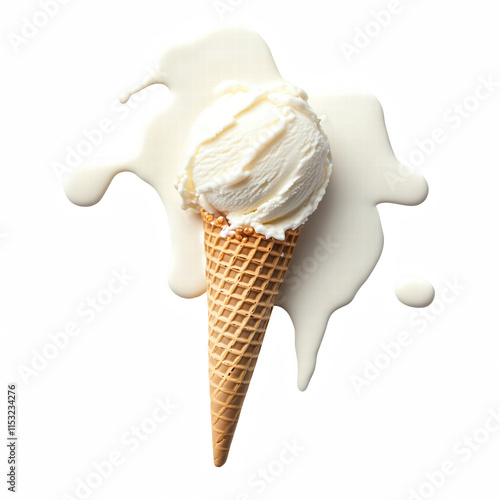 waffle cone with vanilla ice cream spreading out isolated on transparent background Generative Ai.