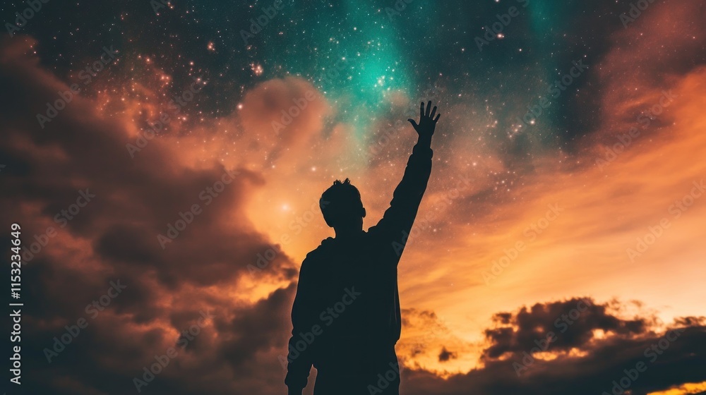 Fototapeta premium A silhouetted figure reaching for a starry sky at sunset, symbolizing aspiration and wonder.