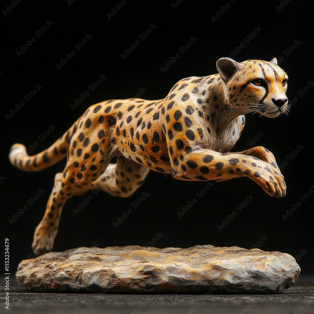 Naklejka premium Cheetah sculpture leaping on a textured base, black background.
