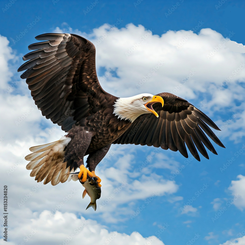 Obraz premium eagle catching fish- flying over the clouds- high quality photography download