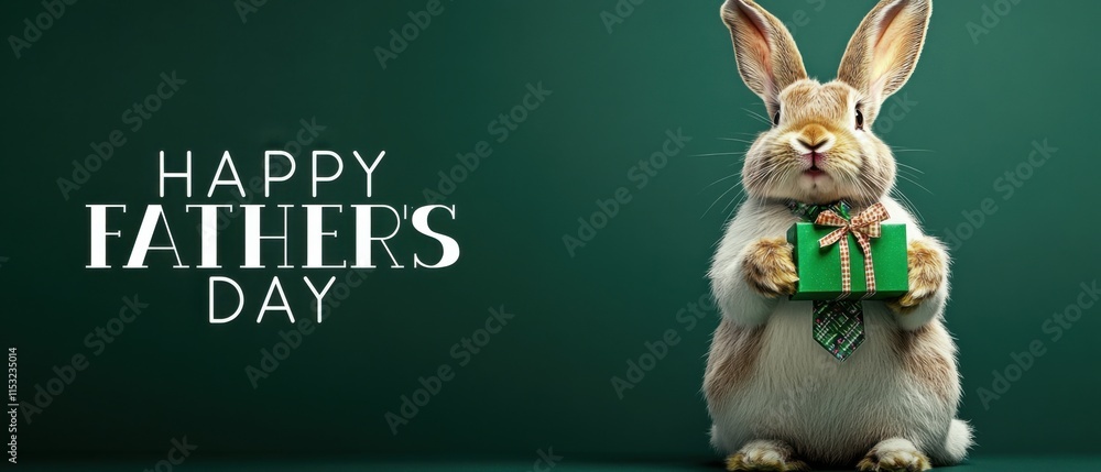 Obraz premium Adorable Rabbit Celebrates Fathers Day with a Gift, Happy Fathers Day Card