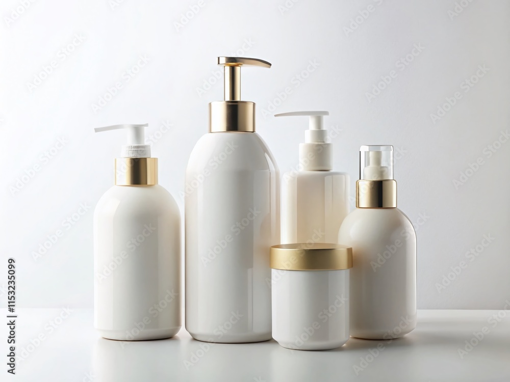 Minimalist Bathroom Essentials: Sleek Monochrome Bottles on White Background Minimalist Bathroom Essentials: Sleek Monochrome Bottles on White Background