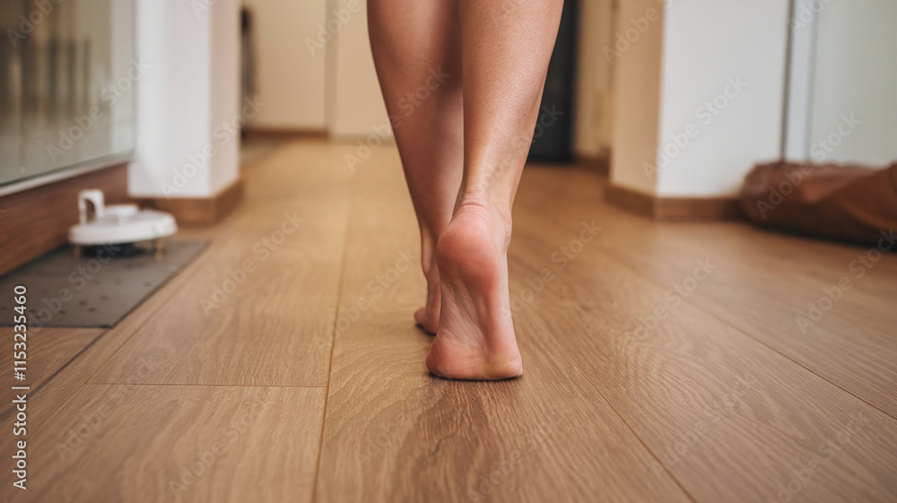 Barefoot Woman Feet Walking Heated Laminated Floor with Heating in Modern Interior Home House Apartment Barefoot Woman Feet Walking Heated Laminated Floor with Heating in Modern Interior Home House Apartment