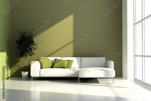 Modern Living Room Corner with White Sofa, Green Plant, and Neutral-Toned Walls photo