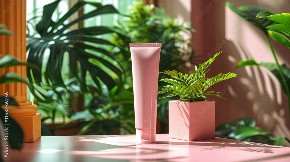 A pink tube of makeup sits on a table next to a potted plant A pink tube of makeup sits on a table next to a potted plant