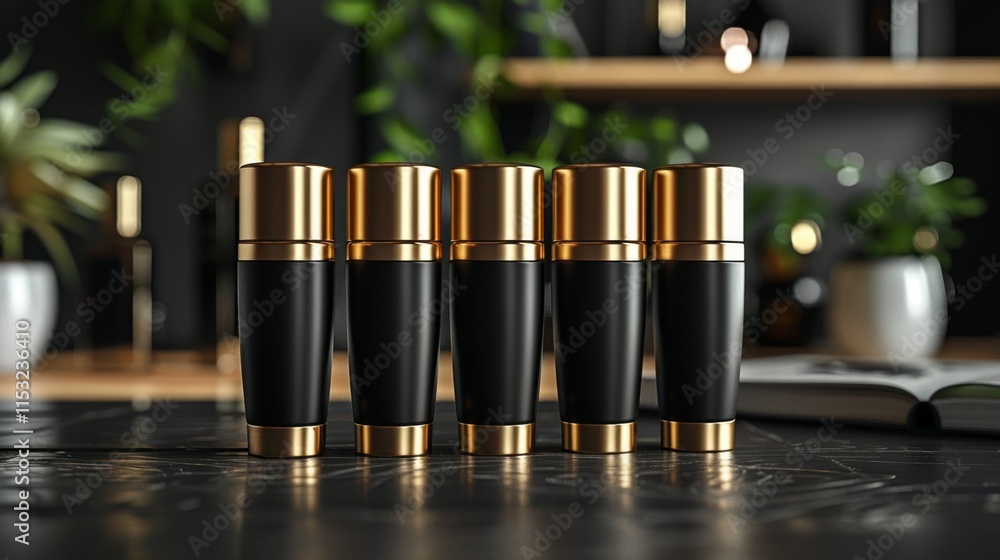 A row of five black containers with gold accents sit on a counter A row of five black containers with gold accents sit on a counter
