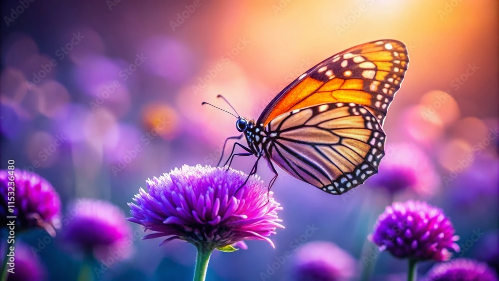 Obraz premium Minimalist Butterfly on Violet Flower - Delicate Purple Bloom Stock Photo