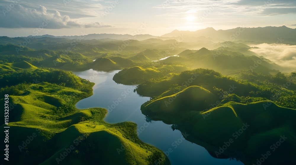 Aerial shot of the serene Mararison Island in Antique, with its rolling hills and vibrant green tones under soft sunlight, in 4K resolution Aerial shot of the serene Mararison Island in Antique, with its rolling hills and vibrant green tones under soft sunlight, in 4K resolution