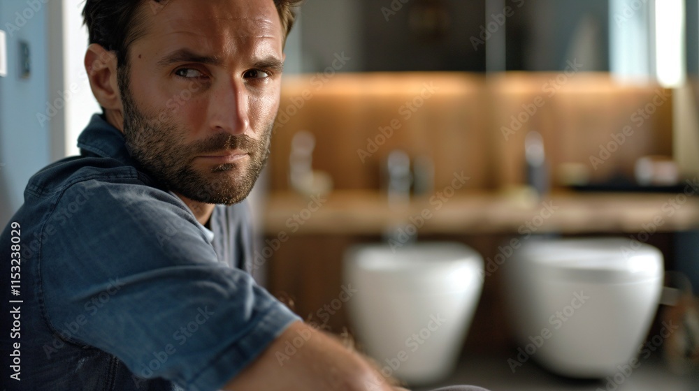 Close-up of man sitting on modern toilet looking slightly uncomfortable, clean minimalistic bathroom environment with copy space for text. Close-up of man sitting on modern toilet looking slightly uncomfortable, clean minimalistic bathroom environment with copy space for text.