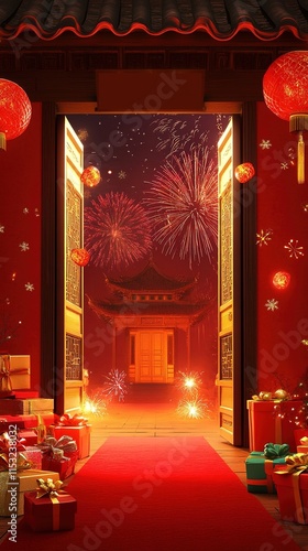 Festive Chinese New Year Gateway: Golden Door Opens to Vibrant Celebration. 3D illustration with red carpet, traditional architecture, gifts, and fireworks. Warm-toned AI-generated design for holiday 