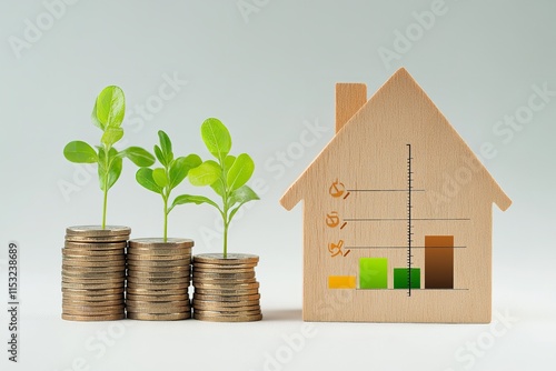 Coins with Green Shoots and Mini House with Energy Scale, Representing Eco-Friendly Investments photo