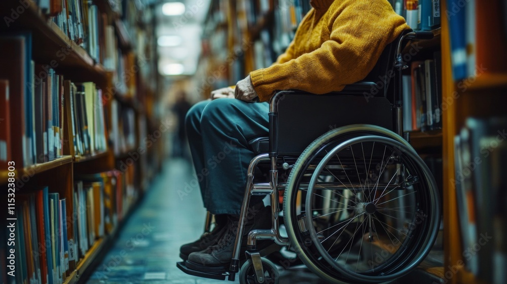 Elderly Person in Wheelchair Library Bookshelves Elderly Person in Wheelchair Library Bookshelves