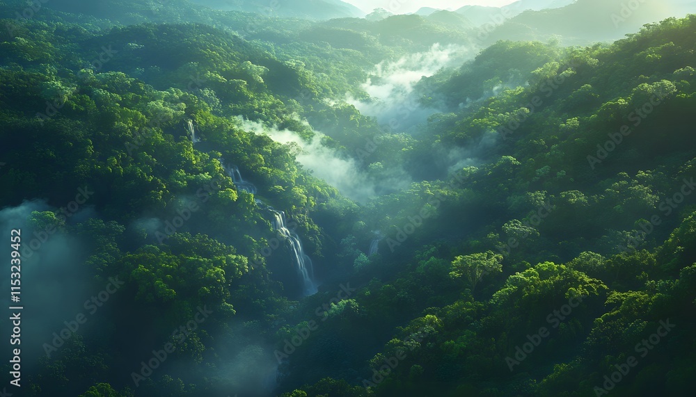 Fototapeta Bird eye view of the lush landscapes of Frasers Hill, with vibrant greenery and serene waterfalls glowing under soft morning light, in 4K resolution