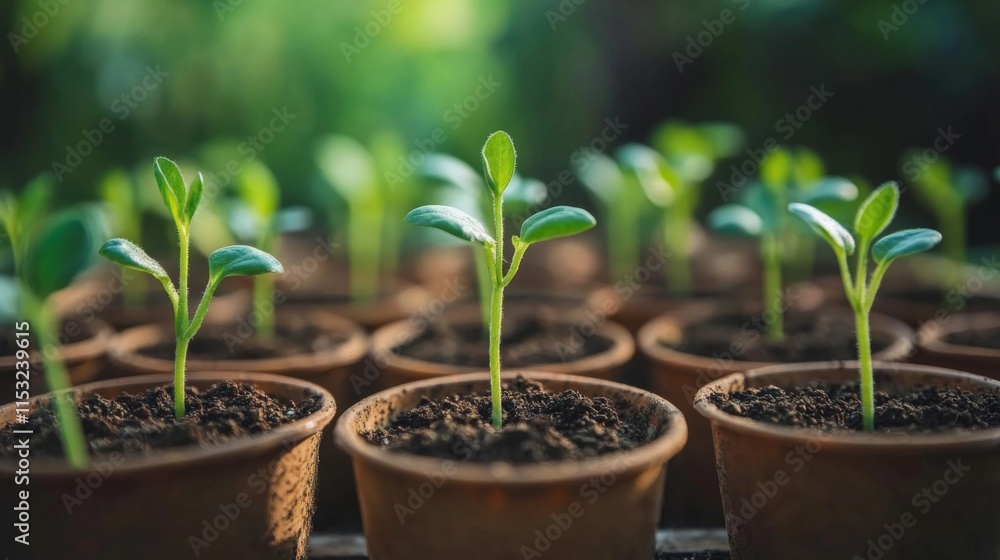 Young Seedlings Growing In Small Brown Pots Young Seedlings Growing In Small Brown Pots