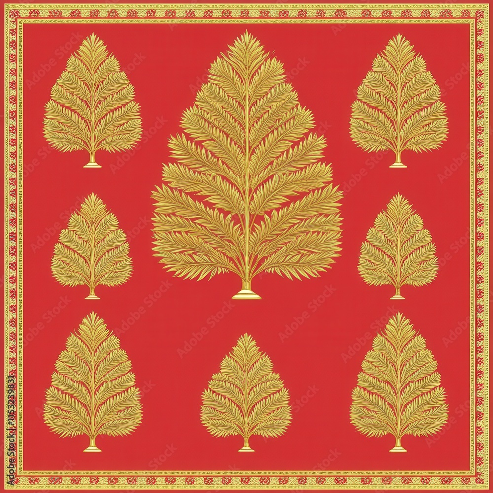 Obraz premium A vibrant pattern featuring golden trees on a rich red background, exuding warmth and festive spirit.
