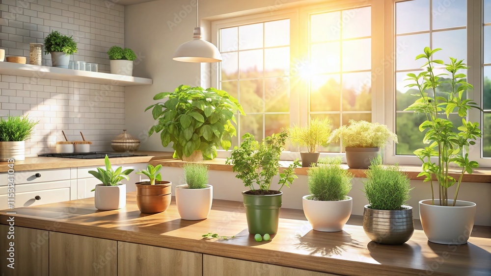 Minimalist Kitchen: Sunlight Streaming Through Window Illuminating Fresh Herbs Minimalist Kitchen: Sunlight Streaming Through Window Illuminating Fresh Herbs
