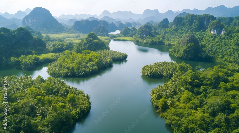 Aerial shot of the serene Thung Nham Bird Garden, with vibrant green landscapes teeming with birdlife, in 4K resolution Aerial shot of the serene Thung Nham Bird Garden, with vibrant green landscapes teeming with birdlife, in 4K resolution