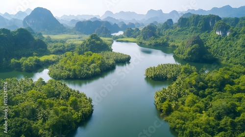 Aerial shot of the serene Thung Nham Bird Garden, with vibrant green landscapes teeming with birdlife, in 4K resolution photo