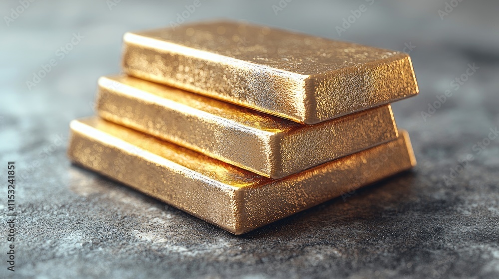 Three glimmering gold bars sit stacked against a subtle textured background, capturing the essence of luxury and the allure of precious metals in modern times Three glimmering gold bars sit stacked against a subtle textured background, capturing the essence of luxury and the allure of precious metals in modern times