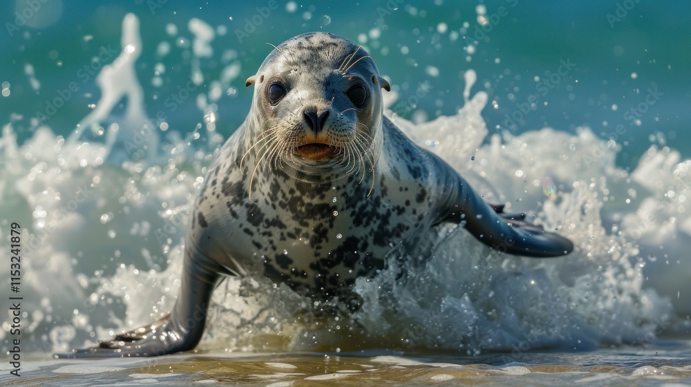 Obraz premium Seal emerges from surf, its fur glistening with sea water.