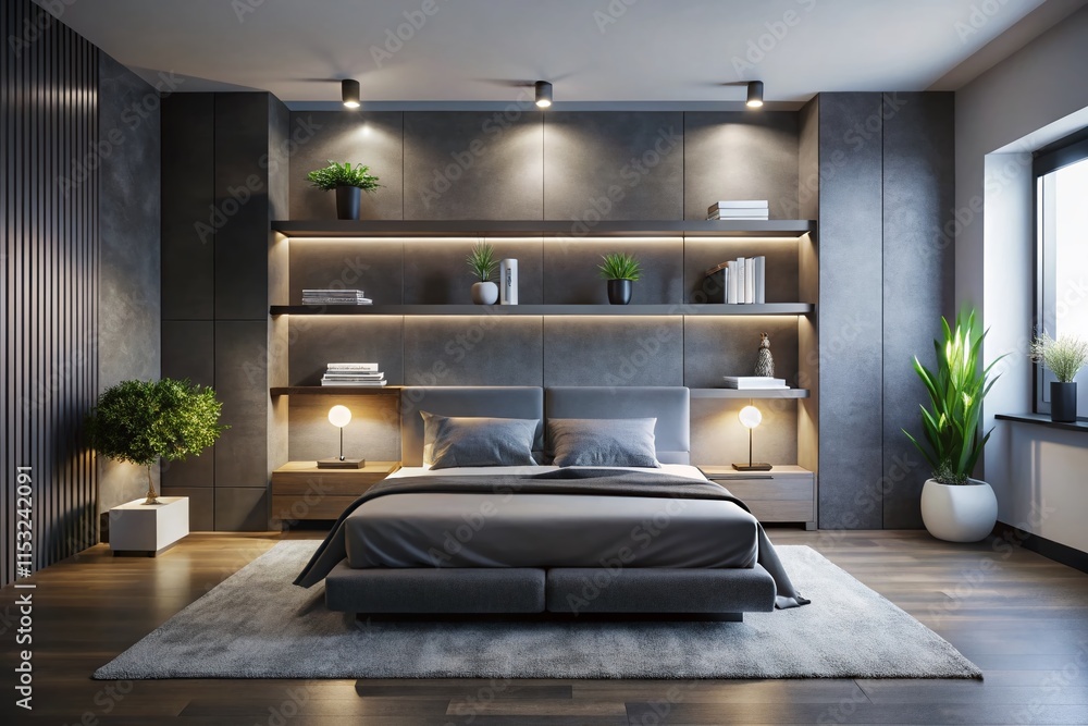 Obraz premium Minimalist Monochromatic Bedroom Night Photography: Floating Shelves & Modern Design