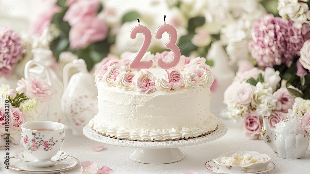 A classic white birthday cake with A classic white birthday cake with