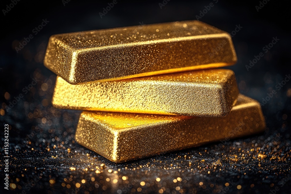 Three gleaming gold bars stack elegantly on a dark backdrop, highlighted by shimmering particles that enhance their luxurious allure and signify wealth Three gleaming gold bars stack elegantly on a dark backdrop, highlighted by shimmering particles that enhance their luxurious allure and signify wealth