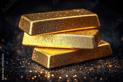 Wallpaper Mural Three gleaming gold bars stack elegantly on a dark backdrop, highlighted by shimmering particles that enhance their luxurious allure and signify wealth Torontodigital.ca