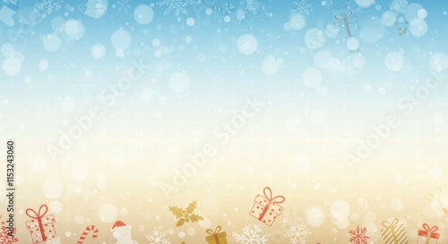 Winter Wonderland Background: A festive and enchanting backdrop for your holiday designs, featuring a whimsical blend of snowflakes, presents, and a soft gradient of blue and beige. photo