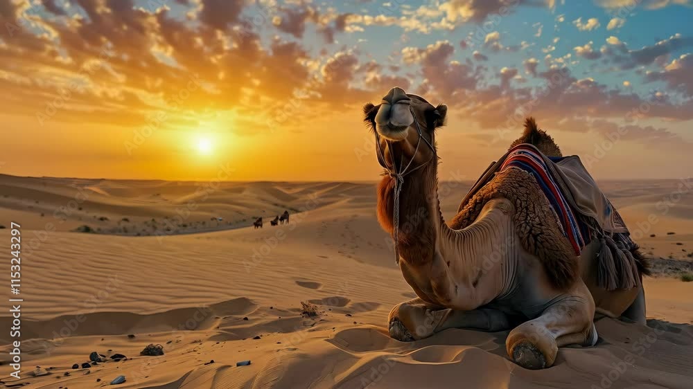camel lying on the sand in the desert with sunset sky