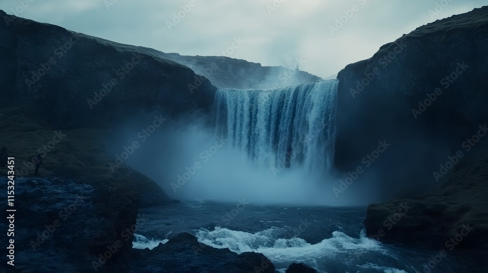 Front view of the dramatic Gooafoss waterfall, glowing under soft twilight with mist rising into the air, in 4K resolution Front view of the dramatic Gooafoss waterfall, glowing under soft twilight with mist rising into the air, in 4K resolution
