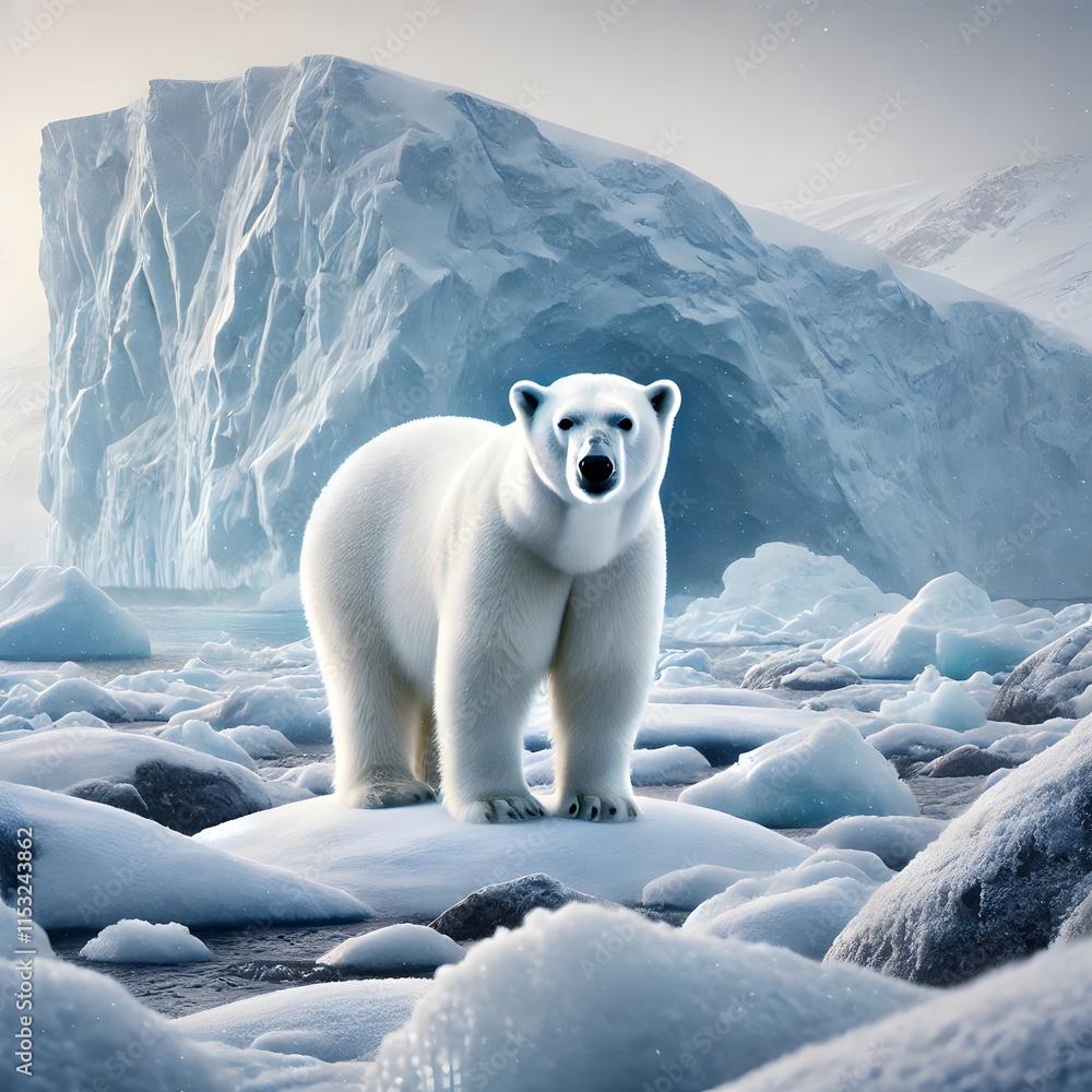 A close, full view of a large white polar bear standing majestically against a winter ice background. A close, full view of a large white polar bear standing majestically against a winter ice background.