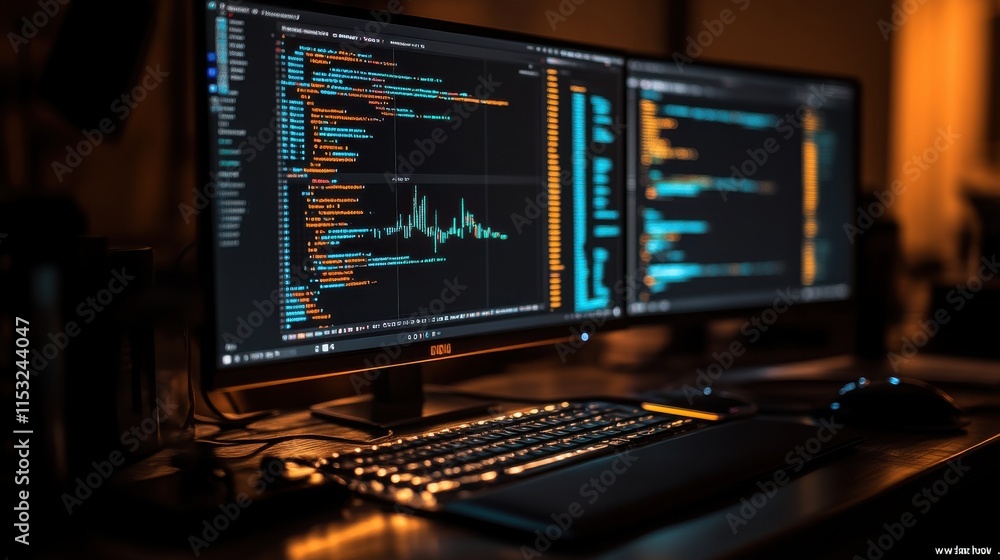 Two monitors displaying code at night. Two monitors displaying code at night.