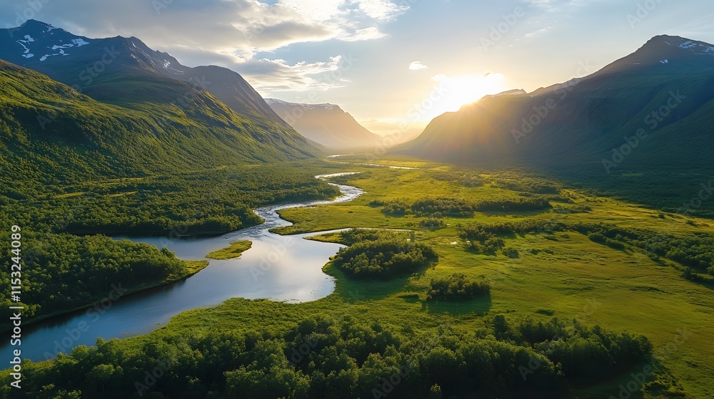 Fototapeta premium Aerial shot of the serene Skaftafell National Park, with lush green valleys and cascading waterfalls under golden sunlight, in 4K resolution