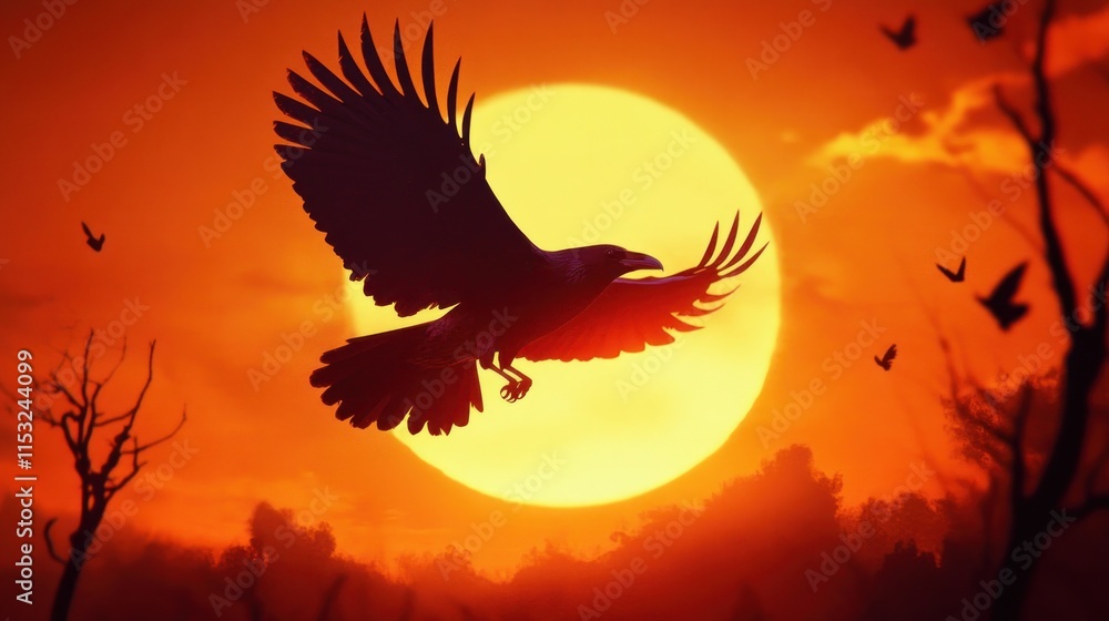 Fototapeta premium A cawing black crow rises into the air, its sleek wings outlined against the fading amber sky. the photo conveys the drama of its flight.