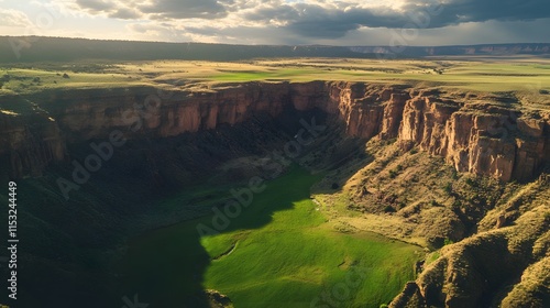 Aerial shot of the dramatic Yolyn Am Canyon, with deep shadows and vibrant green fields surrounded by rocky cliffs, in 4K resolution photo