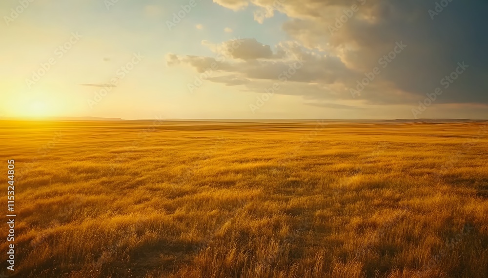 Bird eye view of the serene steppe landscape at sunrise, with golden grasslands stretching endlessly into the horizon, in 4K resolution Bird eye view of the serene steppe landscape at sunrise, with golden grasslands stretching endlessly into the horizon, in 4K resolution