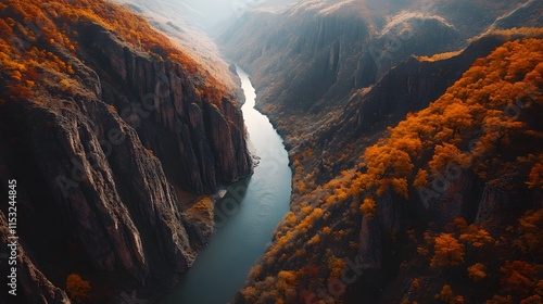 Aerial shot of the dramatic Chuluut River Canyon, with its deep gorges surrounded by vibrant autumn foliage, in 4K resolution photo