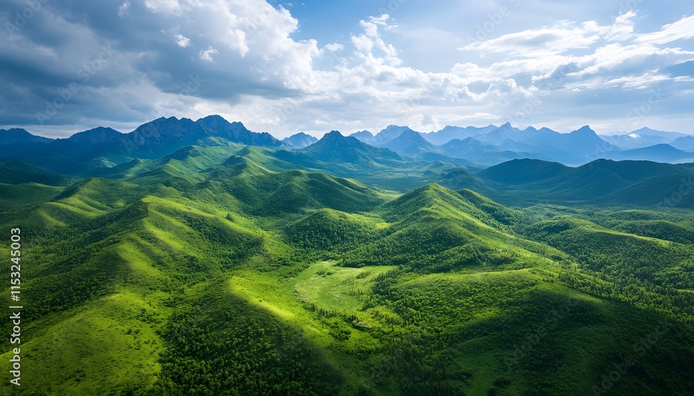Obraz premium Bird eye view of the dense forested landscapes of the Khangai Mountains, with vibrant green tones under the bright summer sky, in 4K resolution
