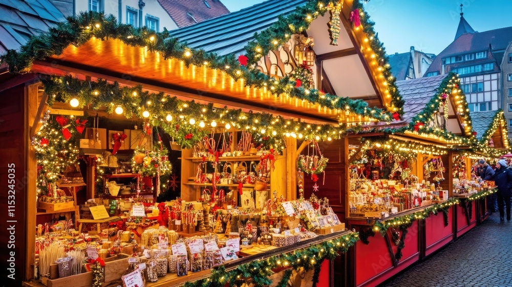 A festive market scene with decorated stalls selling holiday goods and lights. A festive market scene with decorated stalls selling holiday goods and lights.