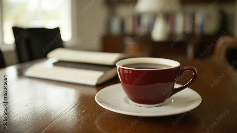 Red Coffee Cup Books Wooden Table Cozy Morning Red Coffee Cup Books Wooden Table Cozy Morning