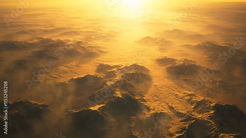 Aerial shot of the serene Sharga Steppe, with its endless golden plains glowing under the morning sun, in 4K resolution photo