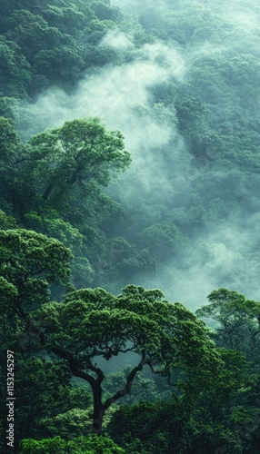 Lush green forest shrouded in mist, creating a serene and tranquil atmosphere.