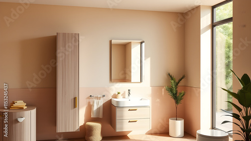 modern bathroom, tall wall-mounted cabinet, diverse light furniture, single large frameless mirror above sink, floor-to-ceiling window, warm reflections, abundant natural daylight, Generative AI photo