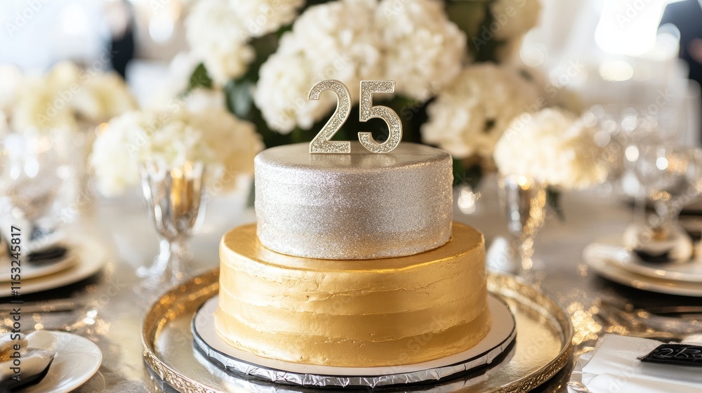 A glittery gold and silver birthday cake with A glittery gold and silver birthday cake with