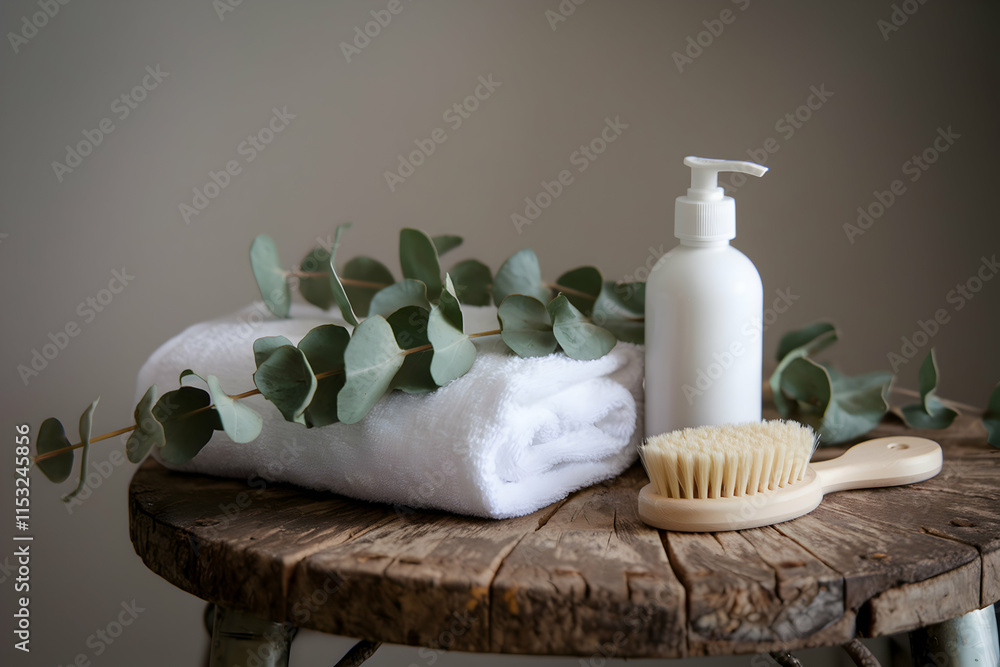 White bottle and towel with green eucalyptus leaves on a rustic wooden table White bottle and towel with green eucalyptus leaves on a rustic wooden table