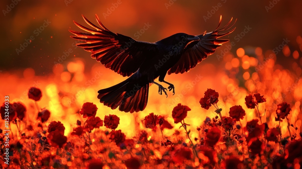 Fototapeta premium A black crow launches into the air, its powerful wings silhouetted against a fiery orange sunset. the image conveys drama and movement.