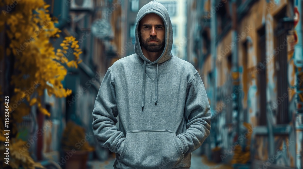 Portrait of a man in a hoodie on the background of the city street Portrait of a man in a hoodie on the background of the city street