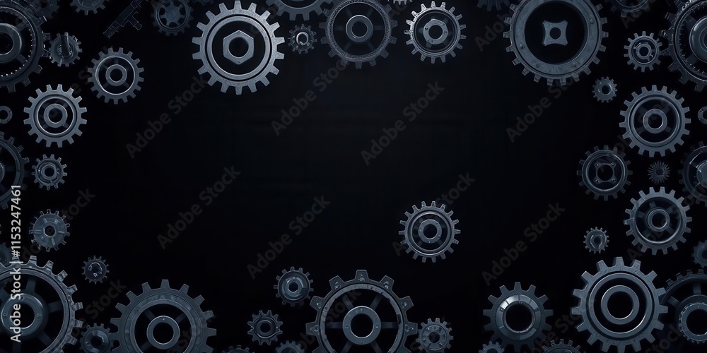 Abstract Background with Detailed Gears and Cogs in Various Shapes and Sizes, Creating a Mechanic Feel for Industry and Technology Themes in Dark Environment Abstract Background with Detailed Gears and Cogs in Various Shapes and Sizes, Creating a Mechanic Feel for Industry and Technology Themes in Dark Environment